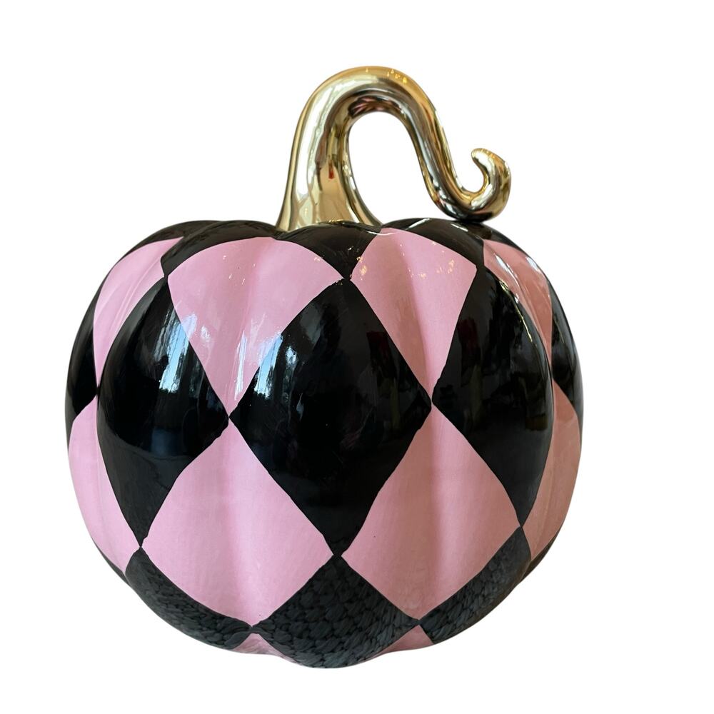 Halloween Harlequin Ceramic Pumpkin Pink & Black Chic Designer Fall Decor New